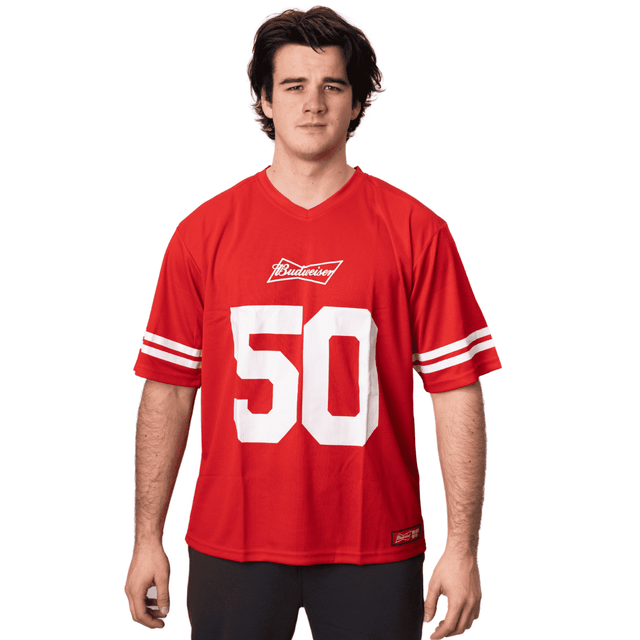 A red NFL jersey with white stripes and a large number 50, featuring a logo on the front.