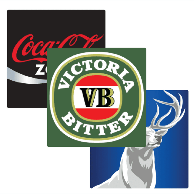 A set of three square cardboard coasters in black, green, and blue featuring logos.