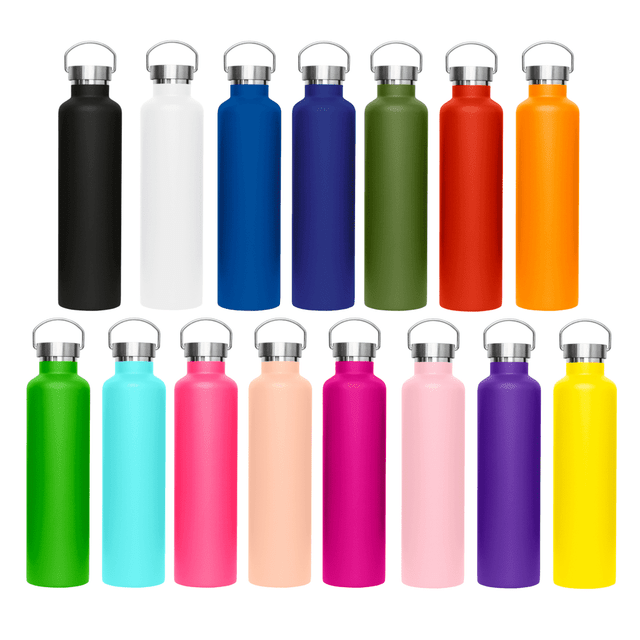 A drink bottle collection featuring various colours, including black, white, blue, green, red, orange, pink, and purple, with metal lids.
