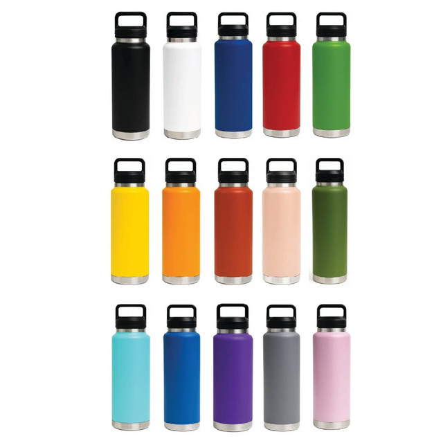 A drink bottle collection featuring various colours, including black, white, blue, red, green, and orange, with a Tritan lid.