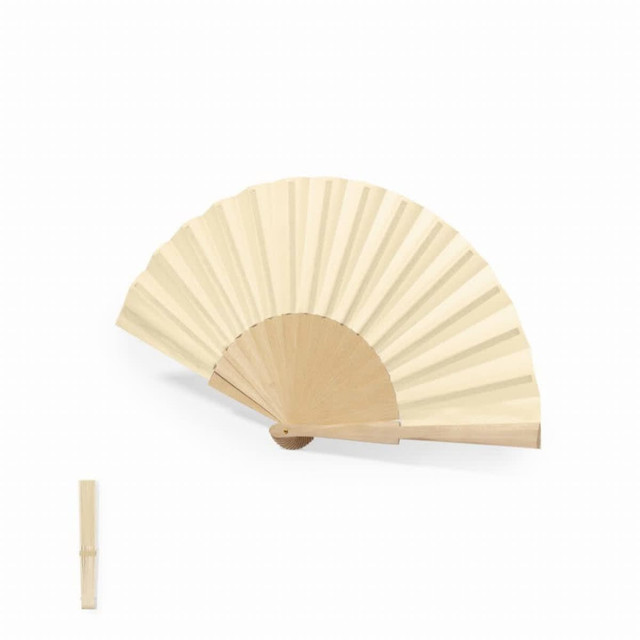A wooden hand fan in a light cream colour, featuring a simple design and a wooden handle. A matching wooden frame is included.