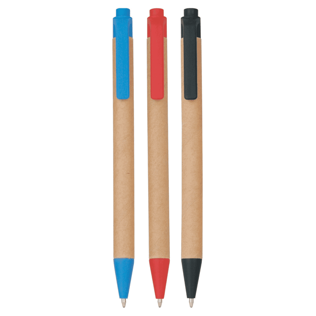 Three push-action pens in blue, red, and black, featuring recycled cardboard barrels and clips. Each pen has a logo.