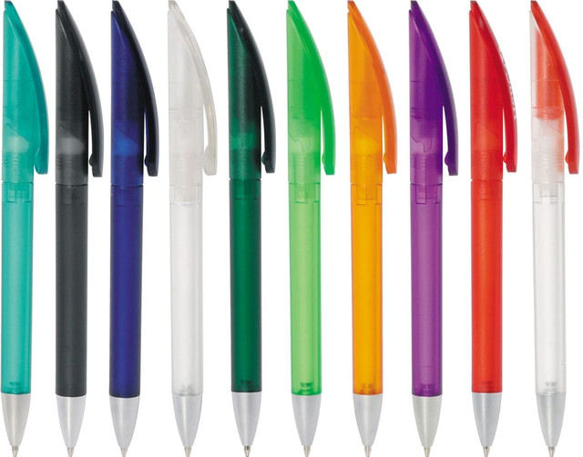 A collection of twist-action plastic pens in various colours, including black, blue, green, purple, orange, and red.