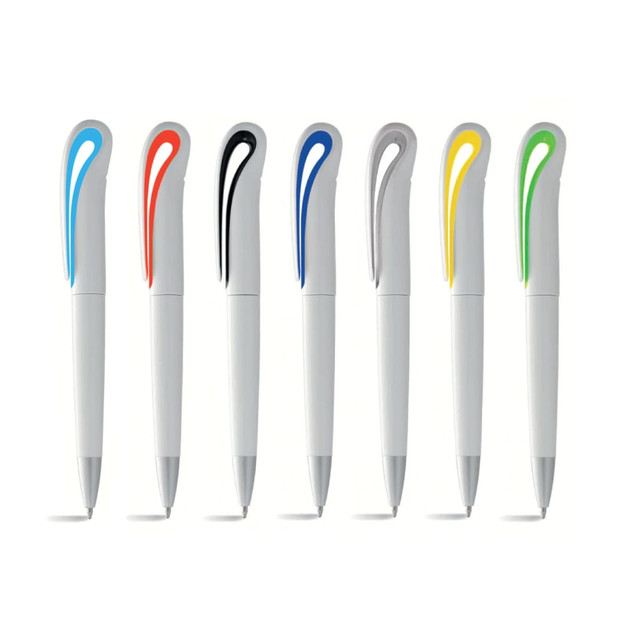 A collection of twist-action ballpoint pens in white with colourful clips in blue, orange, black, blue, yellow, and green.