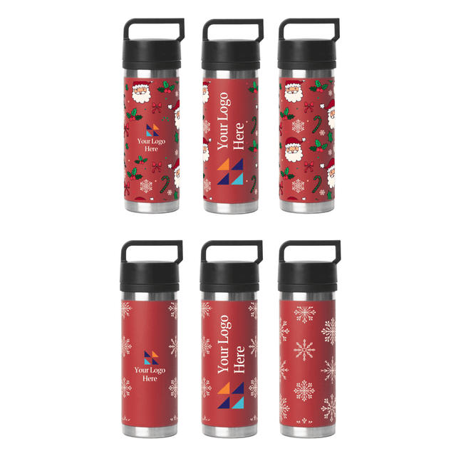 A drink bottle in Christmas red with various festive designs and a solid black handle, featuring a logo space.
