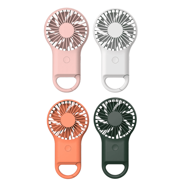 A set of four portable fans in pink, white, orange, and dark green, featuring a handle and a simple design.