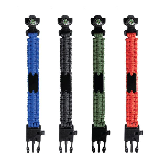 A selection of Surge Survival Bracelets in blue, black, green, and red, featuring a compass and clip closure.