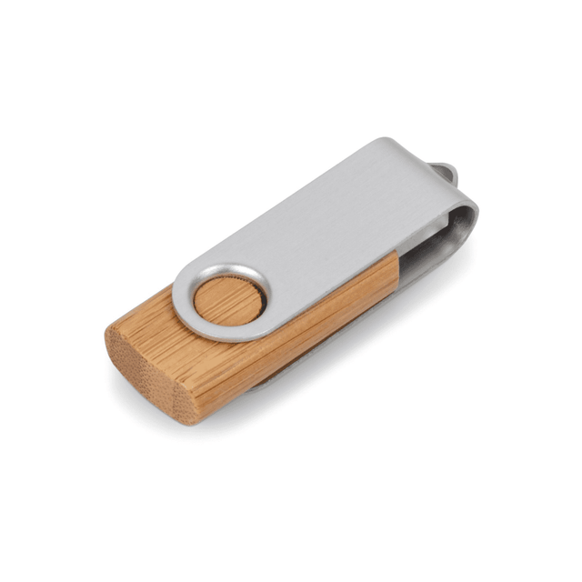 A wooden swivel drive featuring a bamboo body and a silver metal clip, designed for storing data.