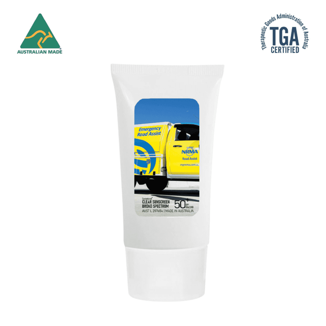 A white tube of 100ml SPF 50 sunscreen lotion with a logo and a colourful image on the front.