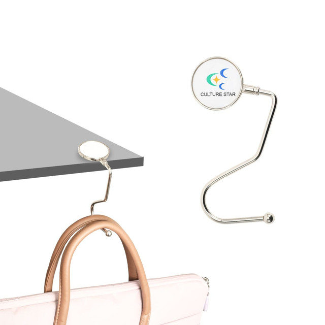 A round, curved desk hook in silver, featuring a circular logo, with a smooth, sleek design for hanging items.