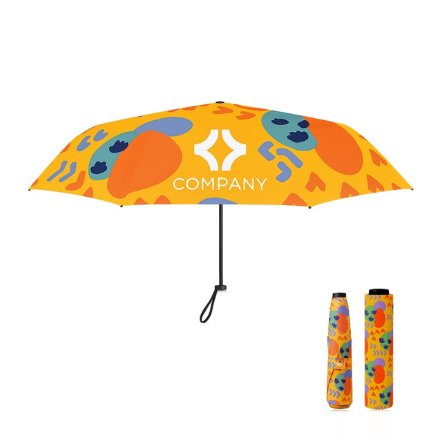 A small lite umbrella in vibrant orange with colourful abstract patterns and a matching sleeve for storage.