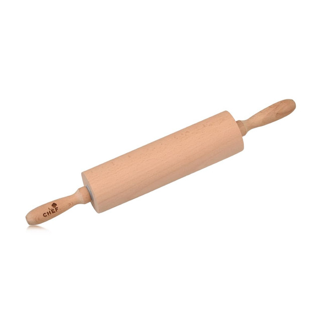 A wooden rolling pin with light tan wood and handles on each end. It features a logo on one handle.