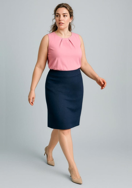 A woman in a pink top and navy lined skirt walks confidently, showcasing the relaxed fit of the skirt.