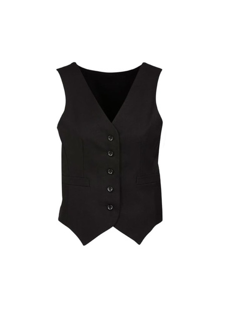 A black women's peaked vest with a button front and knitted back, featuring two side pockets and a fitted silhouette.