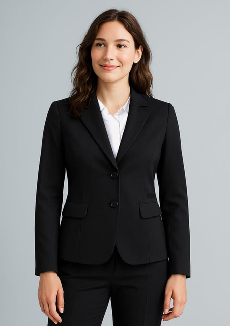 A black mid-length women's jacket featuring a two-button design and a tailored fit, complete with a subtle logo.