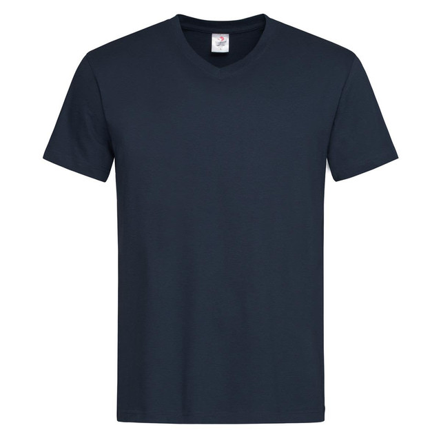 A navy blue men's classic V-neck T-shirt with short sleeves. The shirt features a label and has a simple design.