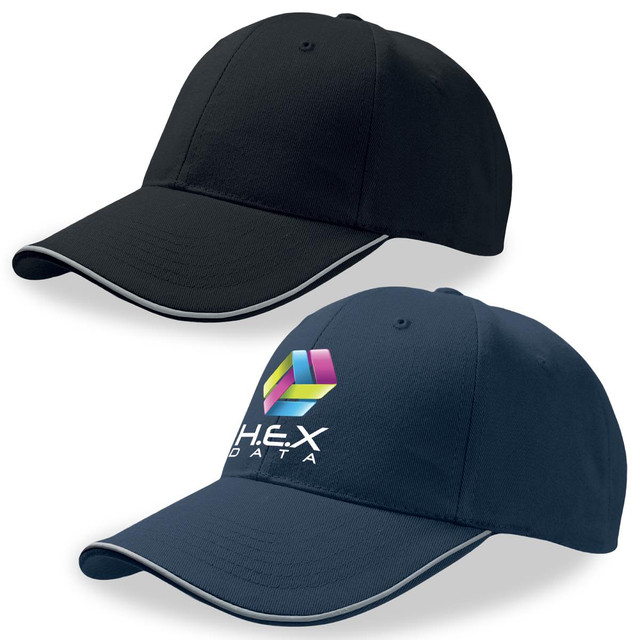 A black and navy cap with a logo, featuring a curved brim and contrasting trim.