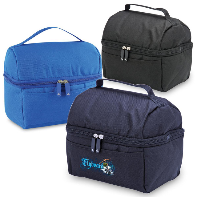 A set of lunch bags in blue and black, featuring zippered compartments and carrying handles. One has a logo.