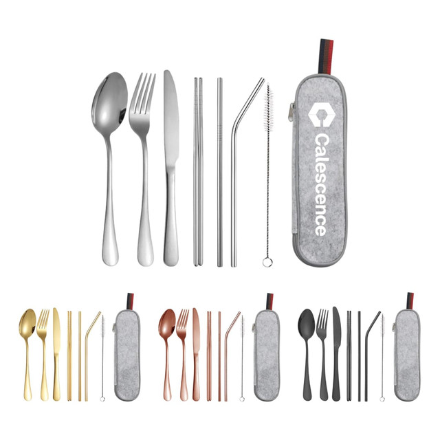 A stainless steel flatware set with seven pieces, including spoons, forks, knives, and straws, in multiple colours with a case.