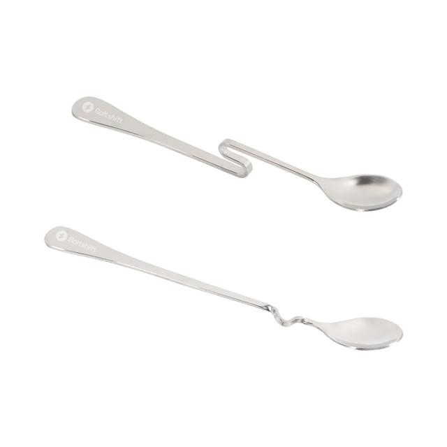 A silver hanging cup spoon set with two differently shaped spoons, featuring a logo on one side.