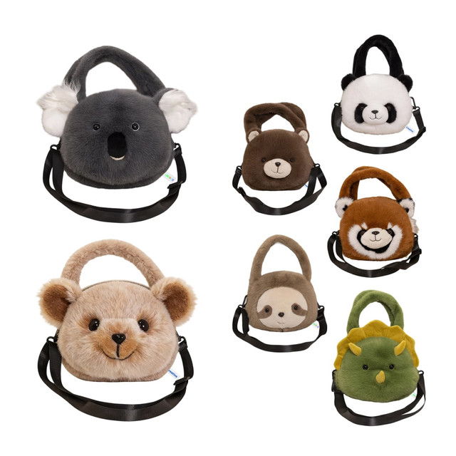 A collection of plush handbags shaped like various animals, including a koala, panda, bear, sloth, and more, with black straps.