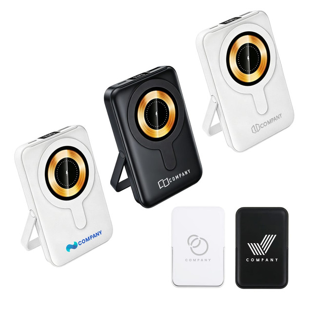 A magnetic wireless power bank in black and white, featuring a built-in phone stand and a logo.