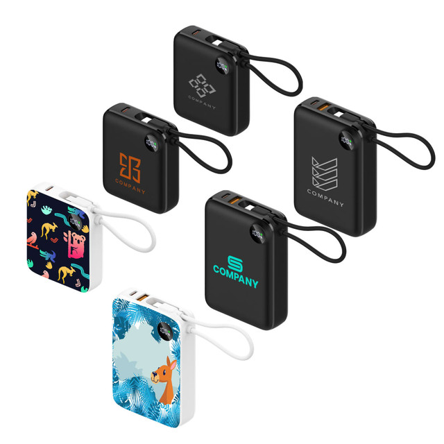 Five power banks in black and white, featuring various designs and a charging cable attached to each.