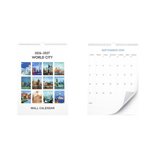 A wall calendar featuring various cityscapes in vibrant colours, displaying months from 2026 to 2027.