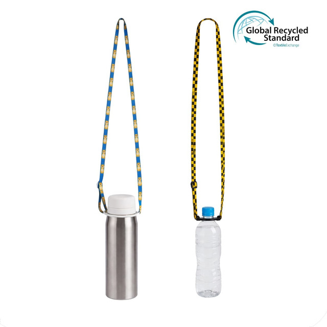 A drink bottle lanyard in blue and yellow, designed to hold a metal bottle and a plastic water bottle.