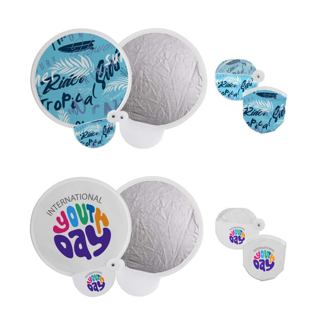 A 20cm foldable reflective fan in blue and white with a design and a logo. It includes a compact, foldable feature.