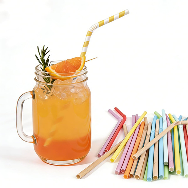 A drink bottle filled with orange liquid, ice, and a yellow-striped paper straw, surrounded by colourful disposable straws.