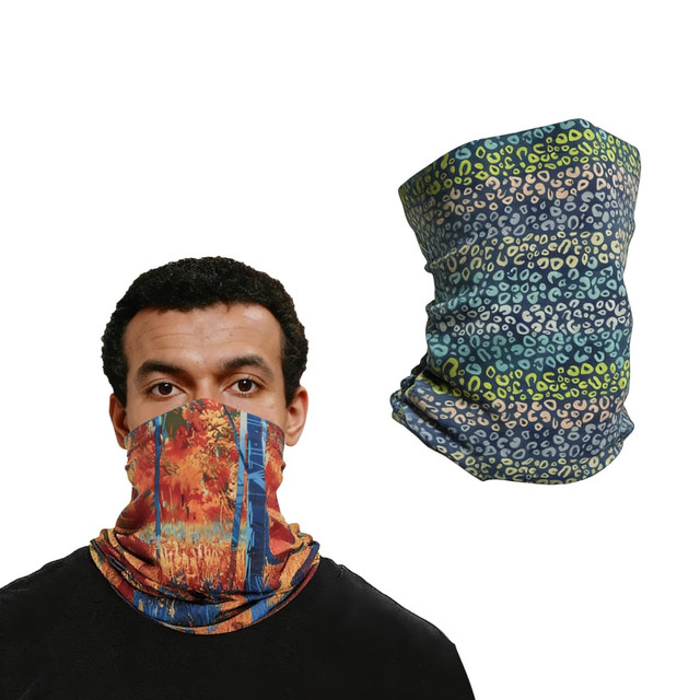 A brushed Lycra warm gaiter in two designs: one featuring a forest pattern and the other with a leopard print.