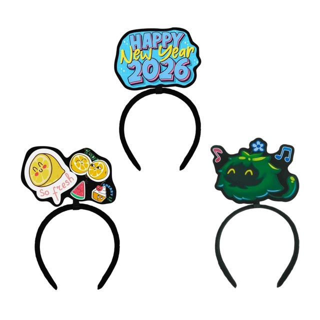 Three custom felt headbands featuring colourful designs, including a "Happy New Year 2026" topper and fruit graphics.