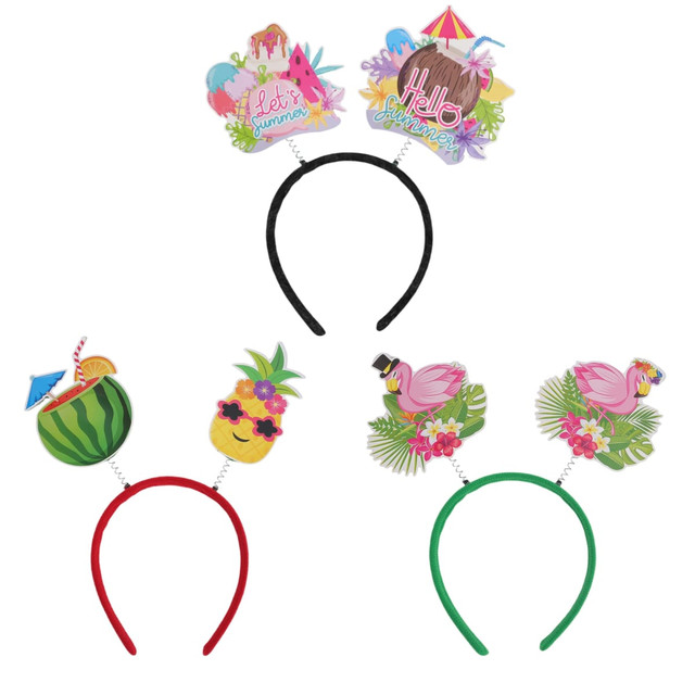 A headband with colourful summer-themed decorations, featuring fruit, flowers, and tropical designs in pink, green, and black.