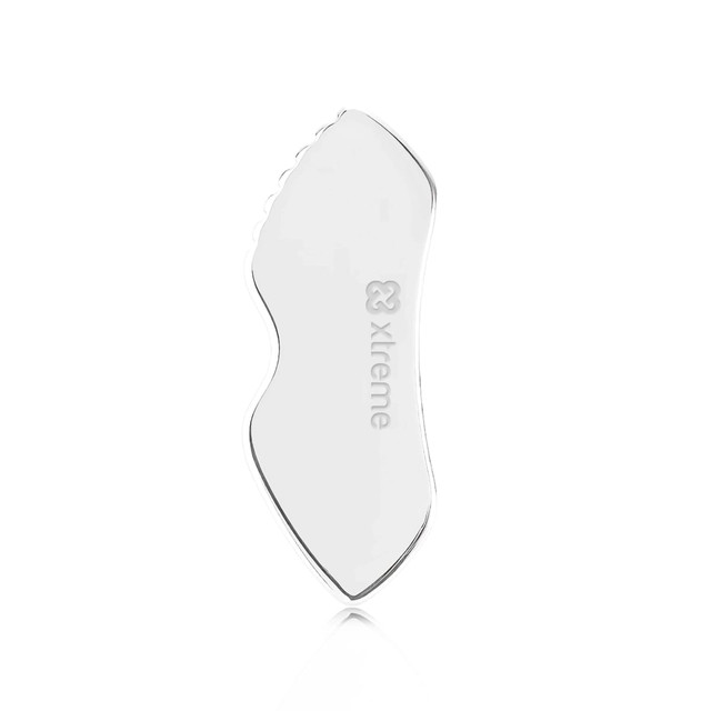 A clear, customised Gua Sha board with a contoured shape, featuring a small logo on its surface.