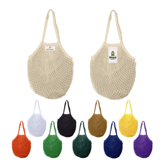 A mesh grocery bag in beige with inner lining, alongside various coloured options in green, purple, orange, black, brown, and yellow.