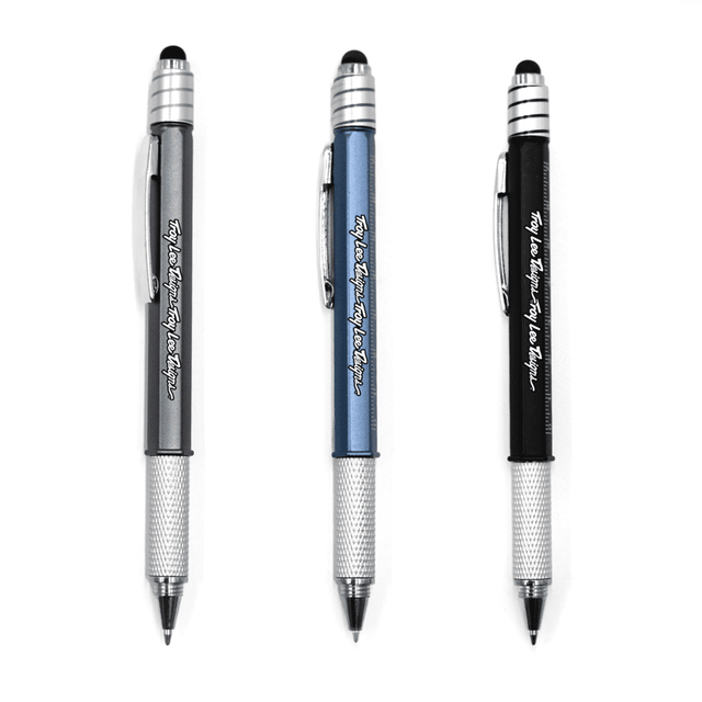 Three pens in grey, blue, and black with a silver grip and a logo on each.