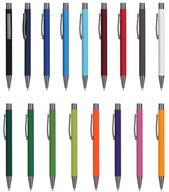 A collection of Polar aluminium pens in various colours, including black, blue, green, and orange, with silver accents.