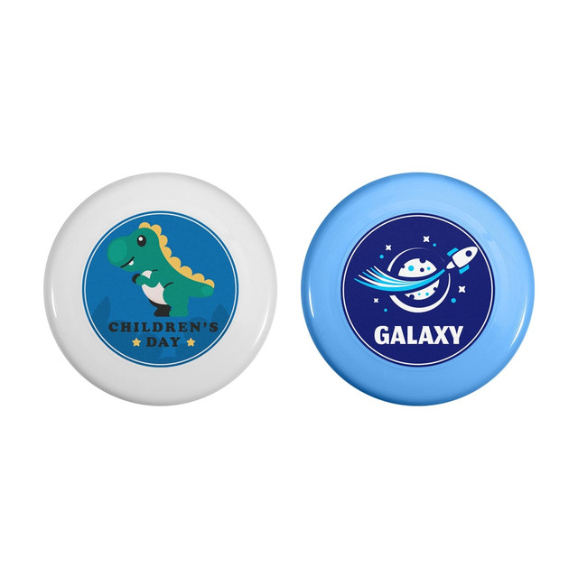Two flying discs, one white featuring a dinosaur, and one light blue with a rocket and planet design, both with logos.