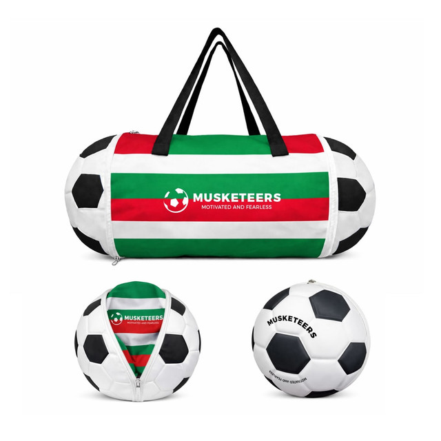 A foldable duffel bag designed to resemble a soccer ball, featuring green, white, and red stripes, with a logo.