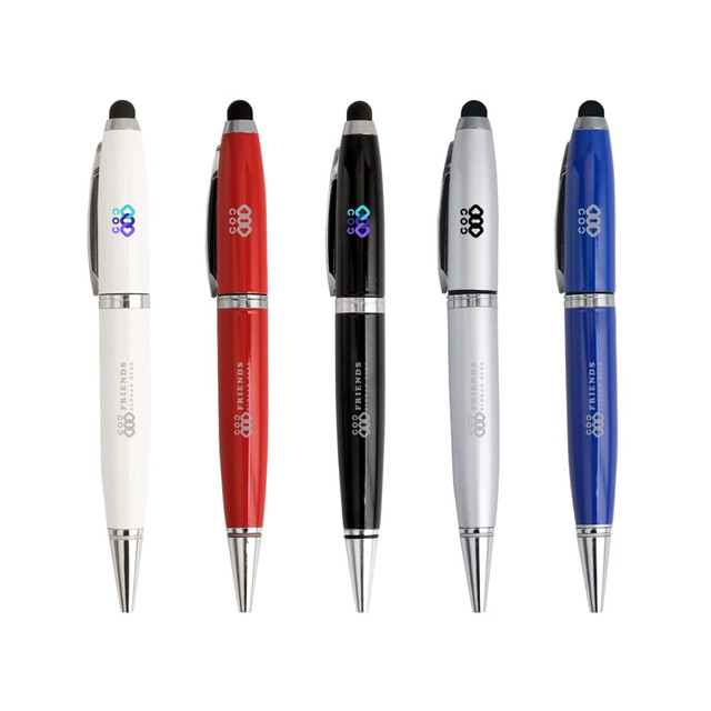 A 3in1 Metal Flash Drive Pen featured in red, black, silver, blue, and white, with a logo on each pen.
