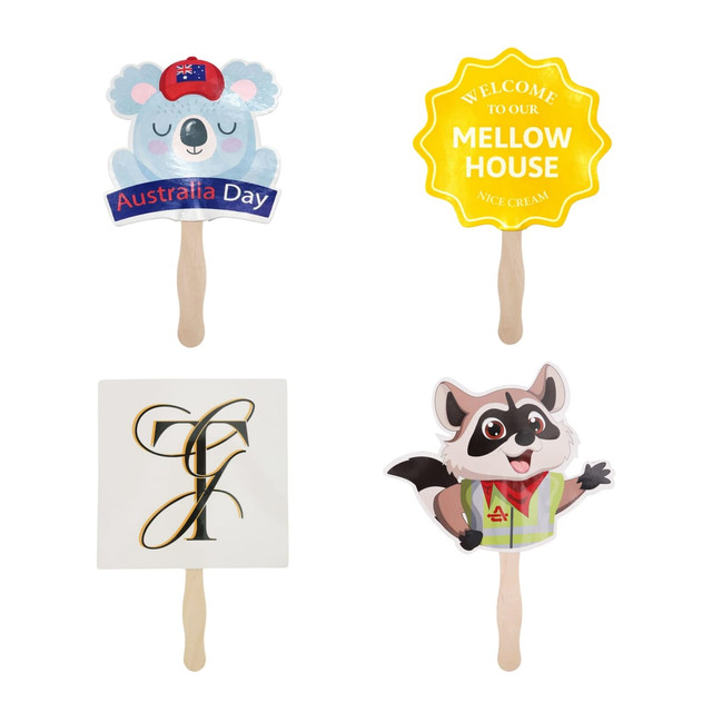 Custom shape paper hand fans in various designs and colours, featuring a koala, a raccoon, and other themed graphics.