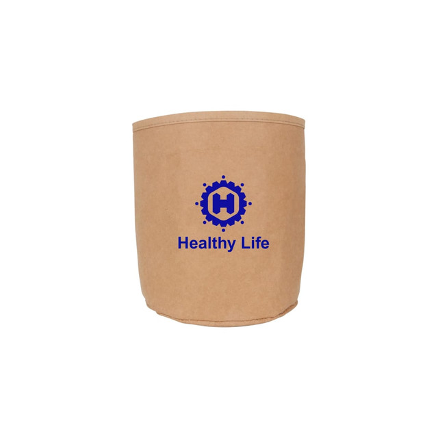 A small, washable kraft paper bag in brown with a logo printed on the front.