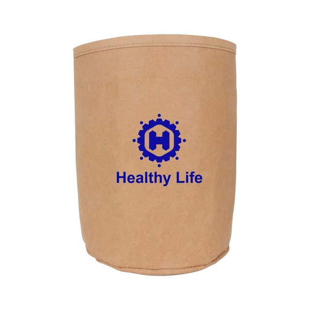A large, washable kraft paper bag in a natural brown hue featuring a logo on the front.