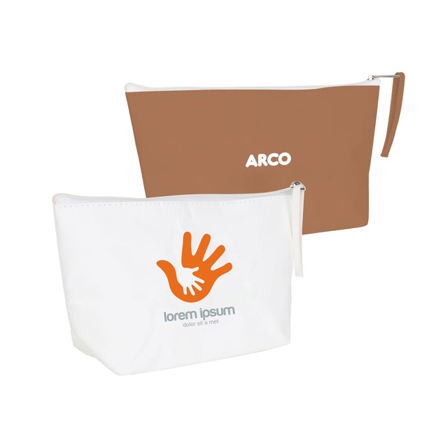 A brown and white washable kraft paper cosmetic bag with zip closures and branding.