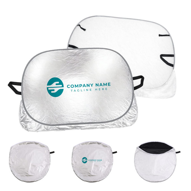 An aluminium snow cover for cars, featuring a reflective silver surface and a logo, with black securing straps.