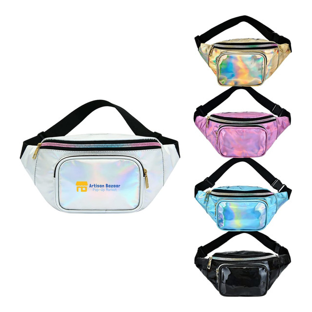 A holographic fanny pack collection in various colours, featuring a zippered front pocket and adjustable straps.