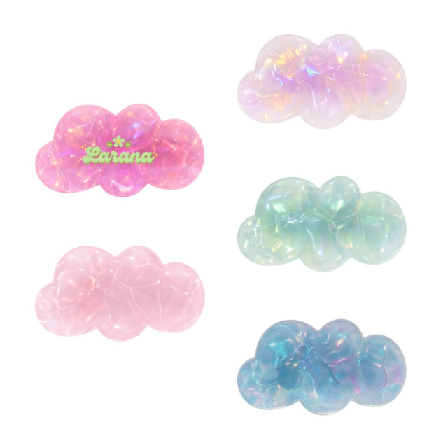 Five iridescent hair clips in cloud shapes, featuring shades of pink, green, and blue, with a logo on one clip.
