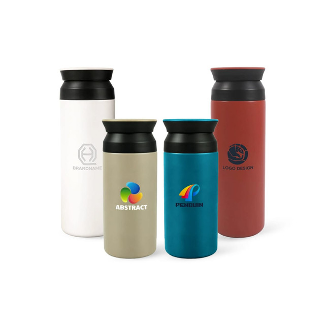 A drink bottle collection featuring four double wall stainless steel bottles in white, beige, turquoise, and red, each with a logo.