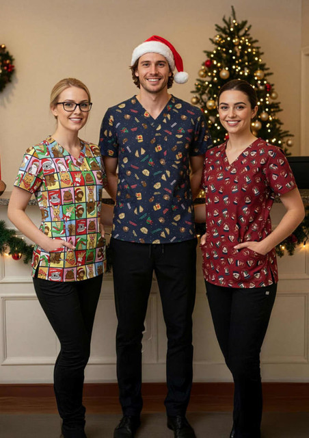 Three models wear festive unisex scrub tops in red, navy, and multicoloured designs, with a Christmas tree in the background.